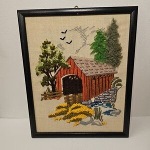 Vintage framed embroidery crewel wall hanging art Stoney Creek Bridge